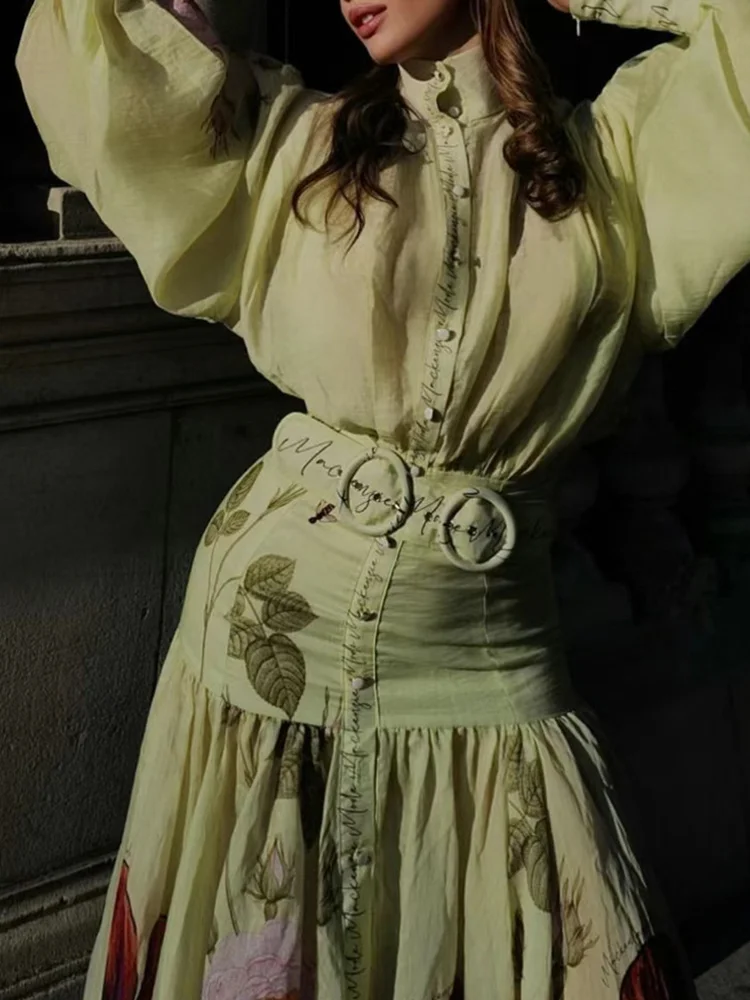 ModaFesta -elegant-floral-print-dress-pista-green-with belt 